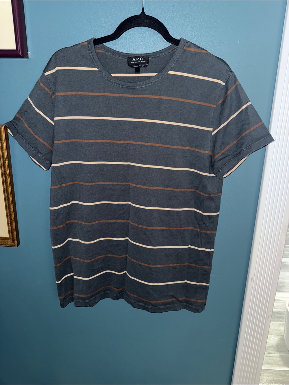 A.P.C. Slate Gray Short Sleeve Stripe Tee with Cream & Brown Bands
